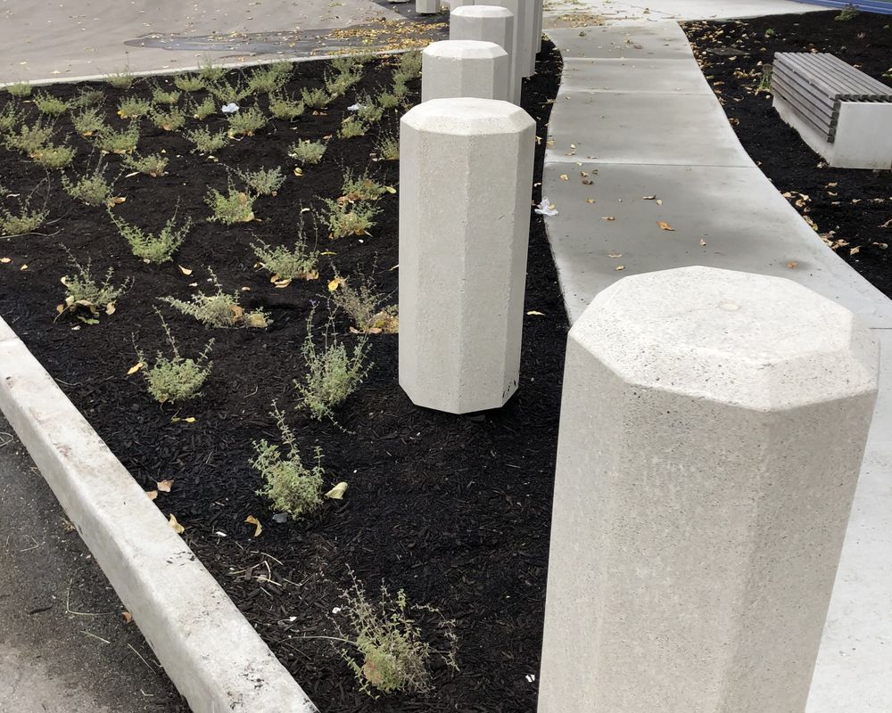 Precast concrete bollards by Versatile Concrete create a sleek yet functional design in front of the WorkSafeBC building. 