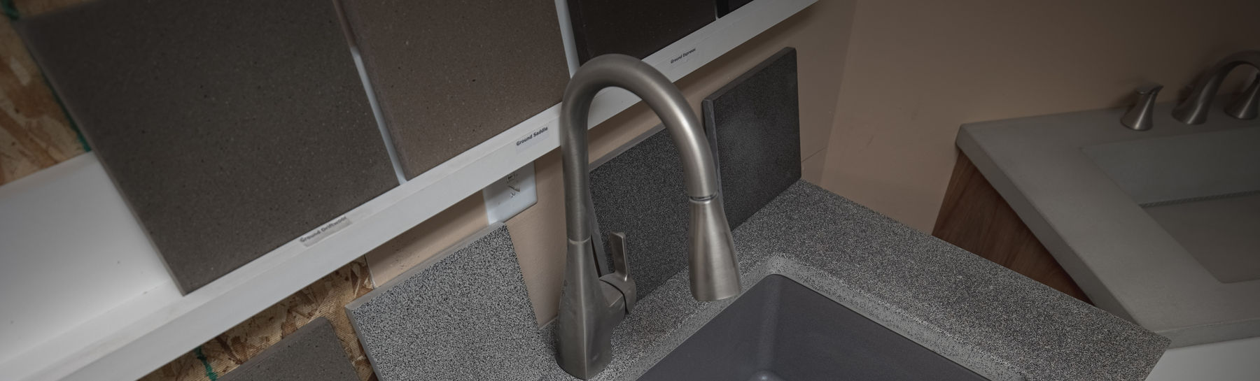 Versatile Concrete accomplishes the pebbled finish on this concrete sink using a reclaimed local material called slag. 