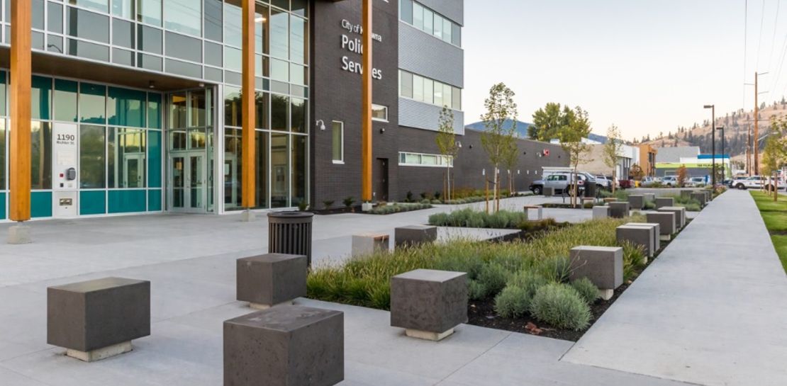 Precast concrete bollards blend seamlessly into the landscape in front of Kelowna’s Police Services building.